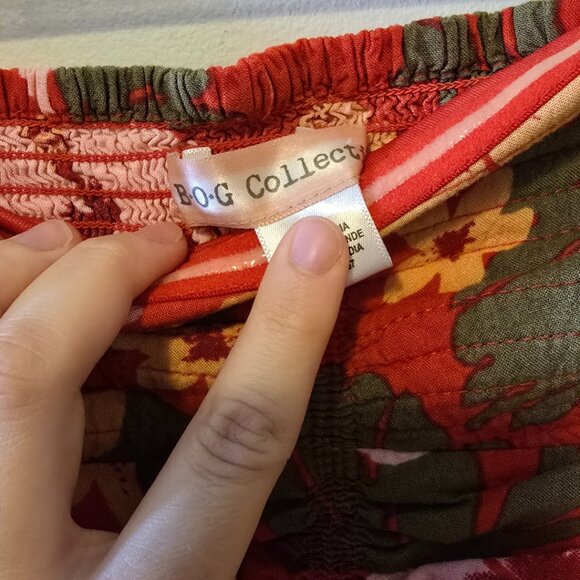 Tropical Floral Strapless Jumpsuit Long Pants Ruched Bodice Red Yellow Summer M - Picture 9 of 11